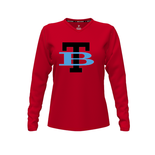 [CUS-DFW-TEES-PER-VNK-LSL-RED-FYXS-LOGO1] Decker Performance T-Shirt (Female Youth XS, Red, V Neck, Logo 1, Long Sleeve)