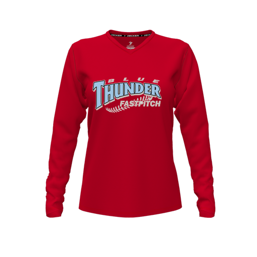 [CUS-DFW-TEES-PER-VNK-LSL-RED-FYXS-LOGO2] Decker Performance T-Shirt (Female Youth XS, Red, V Neck, Logo 2, Long Sleeve)